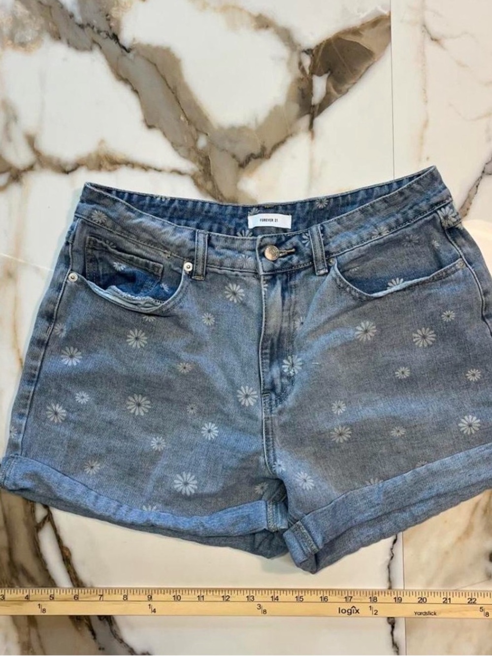 Forever 21 Blue Daisy Print Denim Shorts